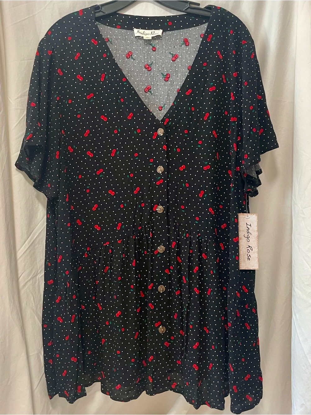 Indigo Rose Black Cherry-Print Button Front Blouse